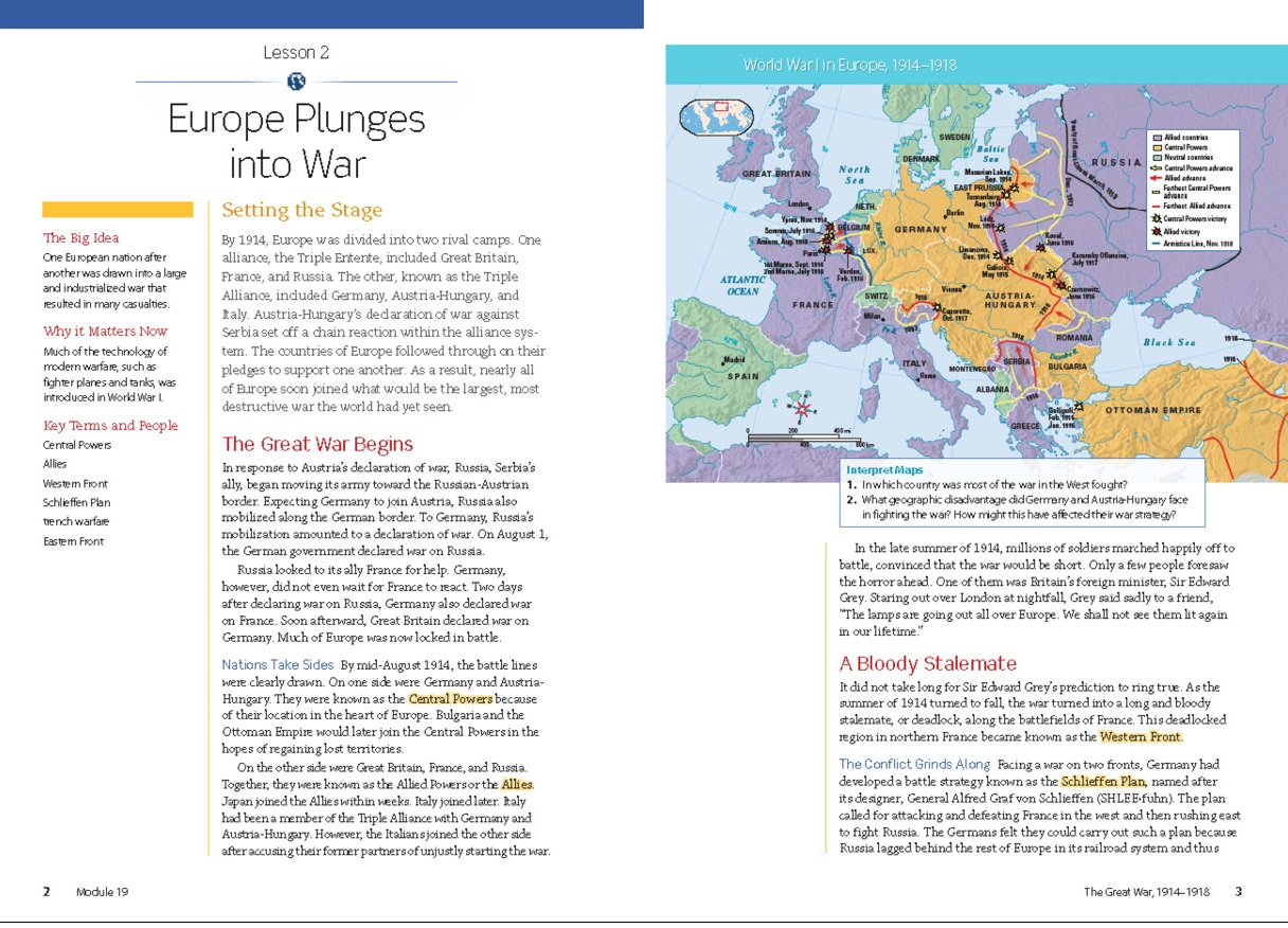 Page Social Studies book about World War II when Europe entered the war