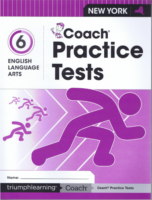 Book cover for Coach Practice Test English Language Arts, Grade 6. It has stick figures racing.