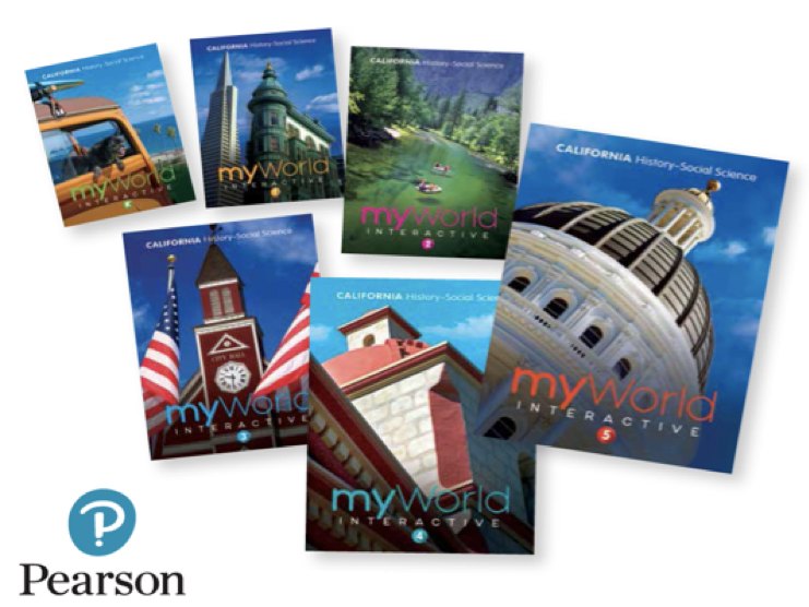 A grouping of Pearson's myWorld interactive student book covers