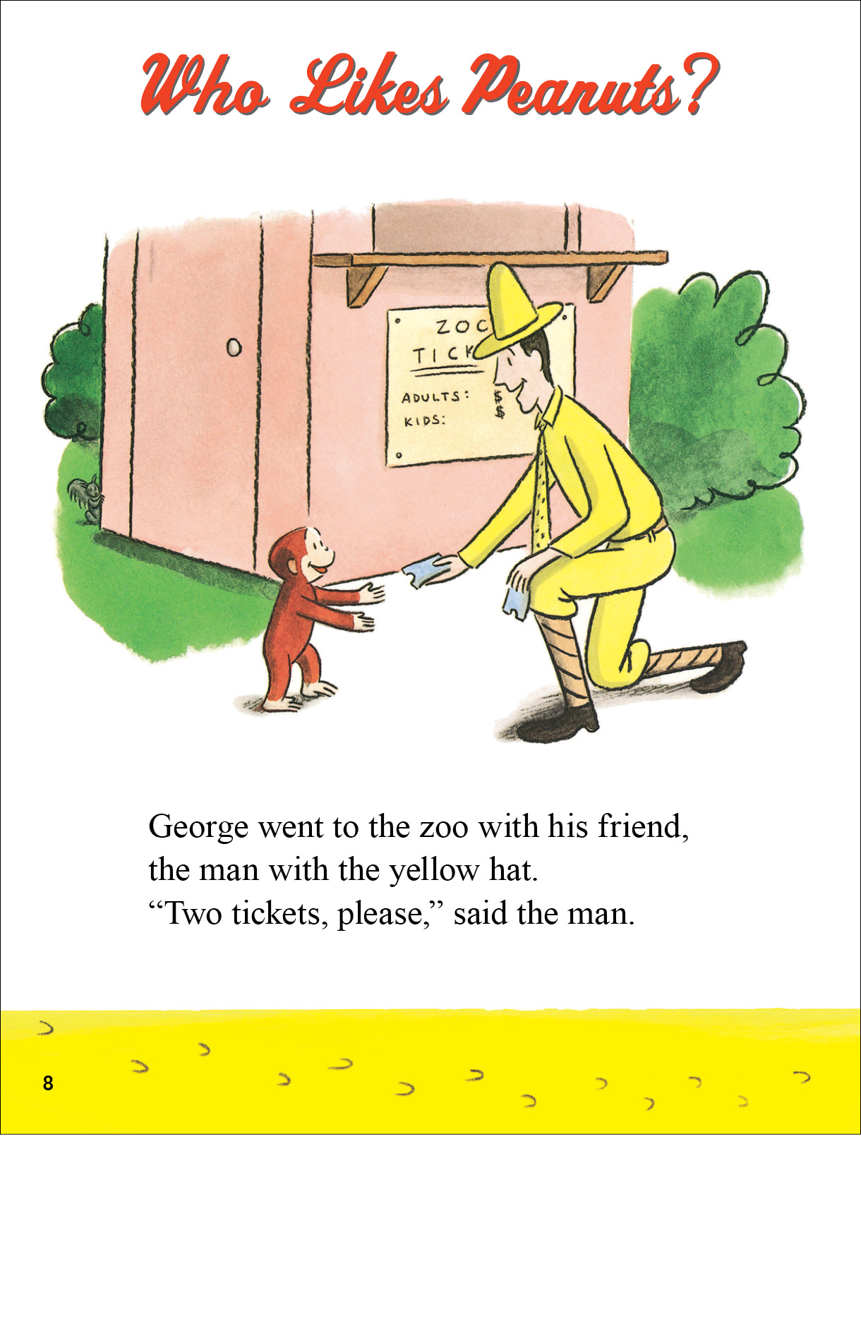 Page from Curious George Adventures in Learning. It has George handing tickets to the zookeeper.