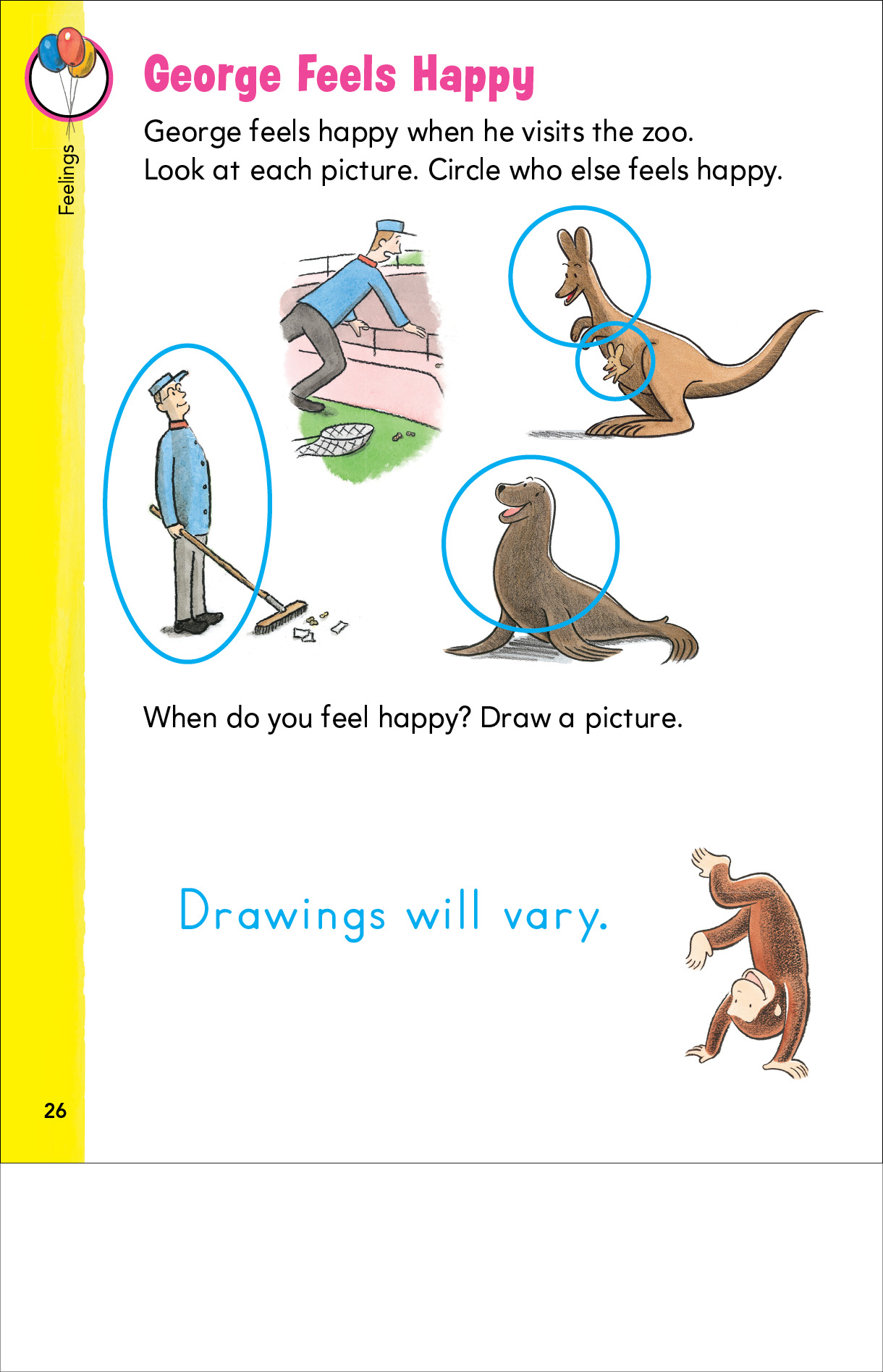 Page from Curious George Adventures in Learning. It reviews feeling happy.