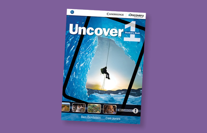 Book cover for Uncover student's book volume 1. It has ice formed with a hole, where a person is hanging from a rope hovering above a body of water.