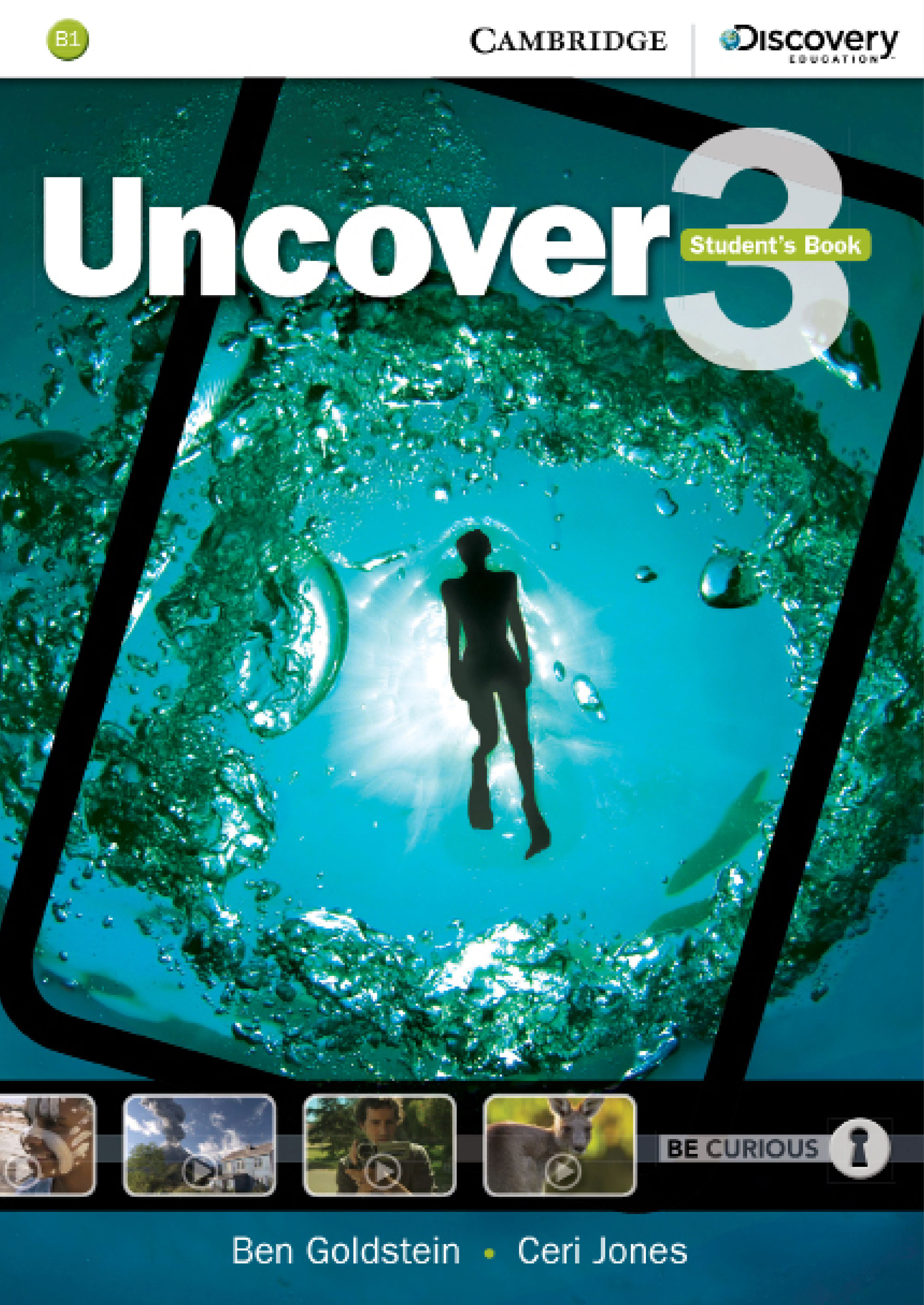 Book cover for Uncover student's book volume 3 by Cambridge University Press. It has a person swimming with fins on, with algae surrounding the person.