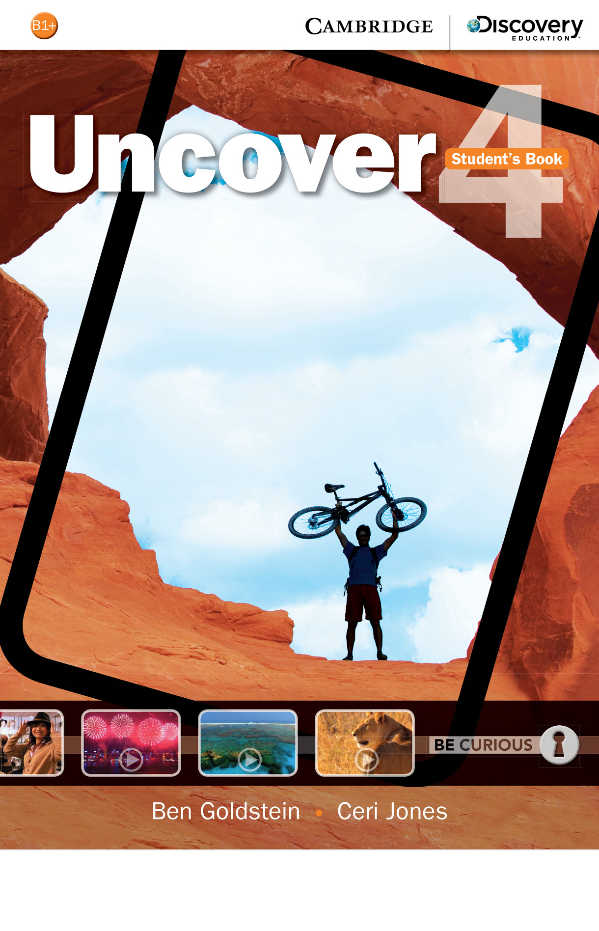 Book cover for Uncover student's book volume 4. It has a person holding a bike high above the head, surrounded by clay mountains.