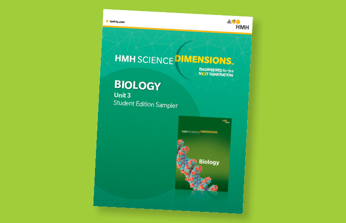 Book cover Dimensions Science Biology Unit 3 Student Edition Sampler. It has a DNA chain.