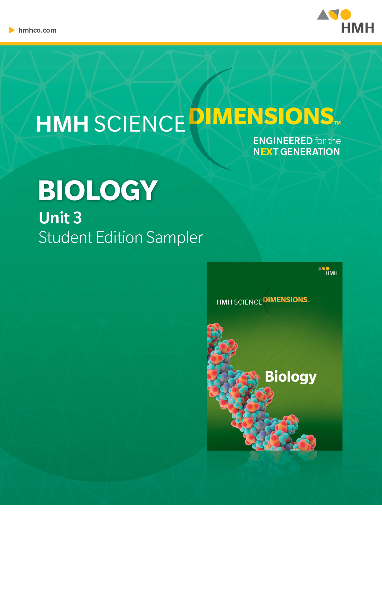 Book cover Dimensions Science Biology Unit 3 Student Edition Sampler. It has a DNA chain.
