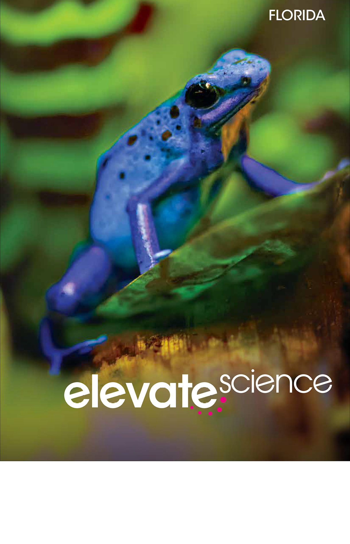 Book cover Elevate Science book. It has a blue poison dart frog sitting on a tree branch.