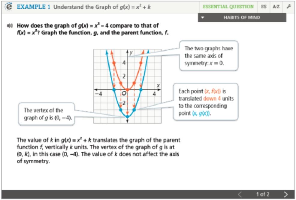 Sample algebra screen from the enVision program, asking the student to compare functions to graphs.