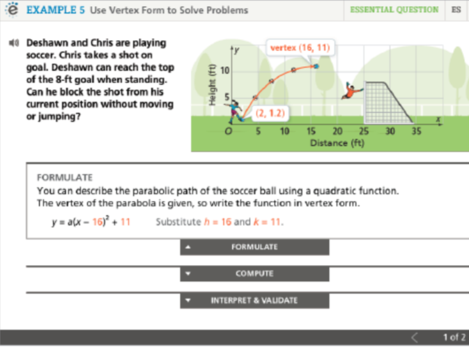 Sample algebra screen from the enVision program, illustrating the use of a quadratic function.