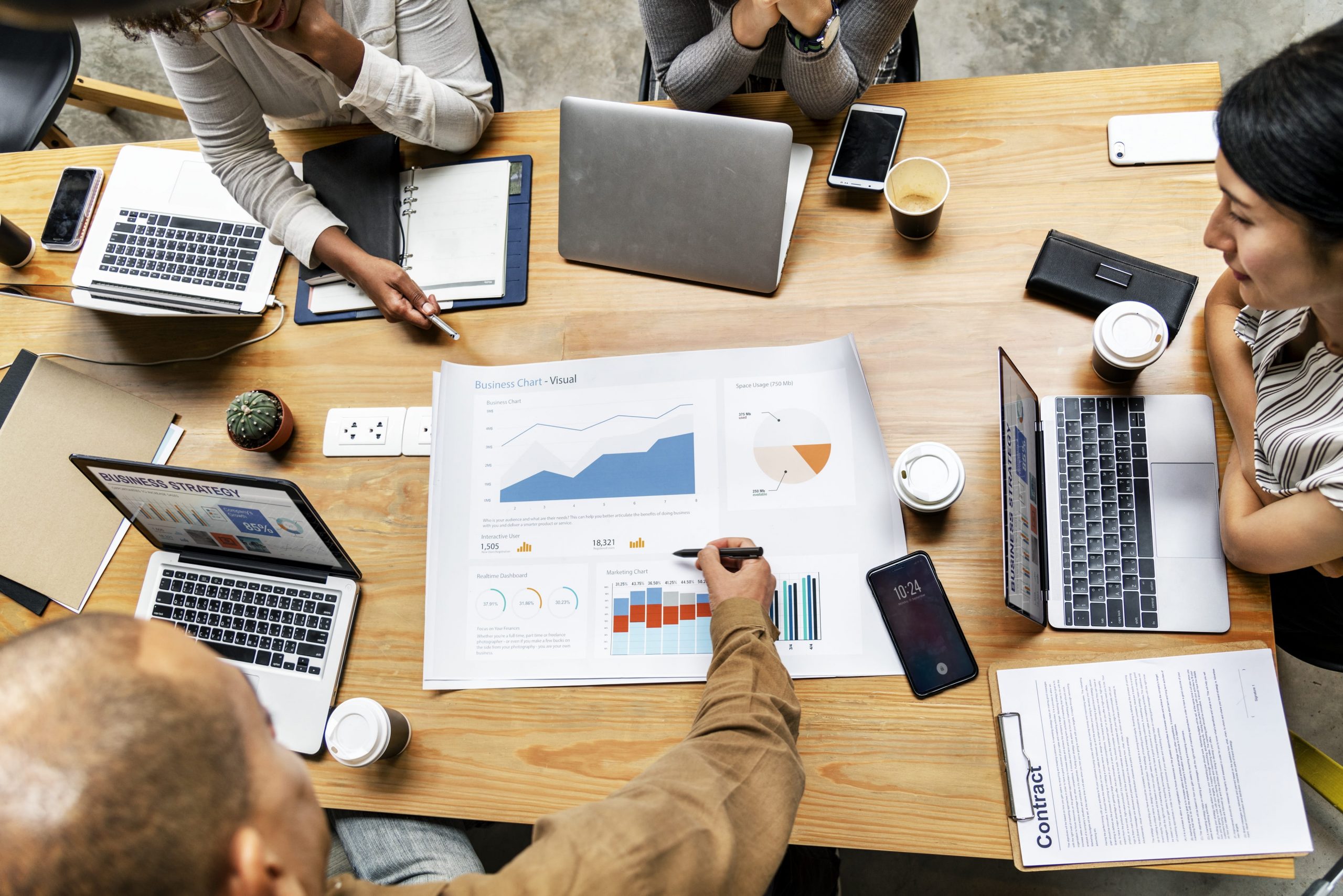 People sitting around a table, all with opened laptops. One person is marking a chart that has a bar graph, a pie chart, and a line graph as the others look on.