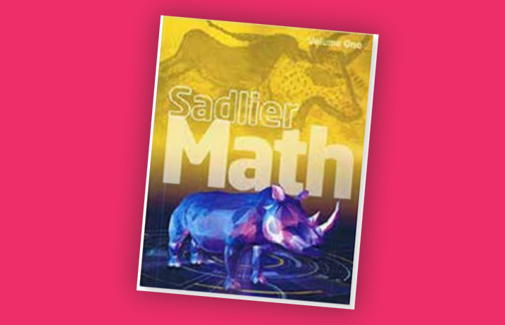 Book cover for Sadlier Math, Volume one. It has a rhinoceros standing in water at the bottom and a bull in the background at the top.