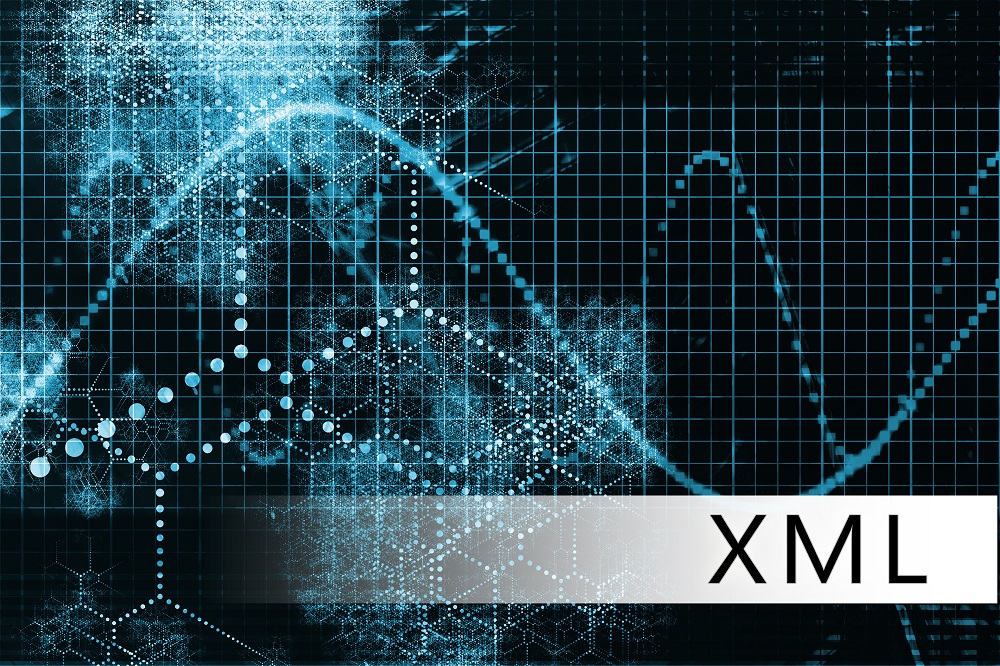 Grid of dotted bell curves and dotted lines, with XML in the forefront