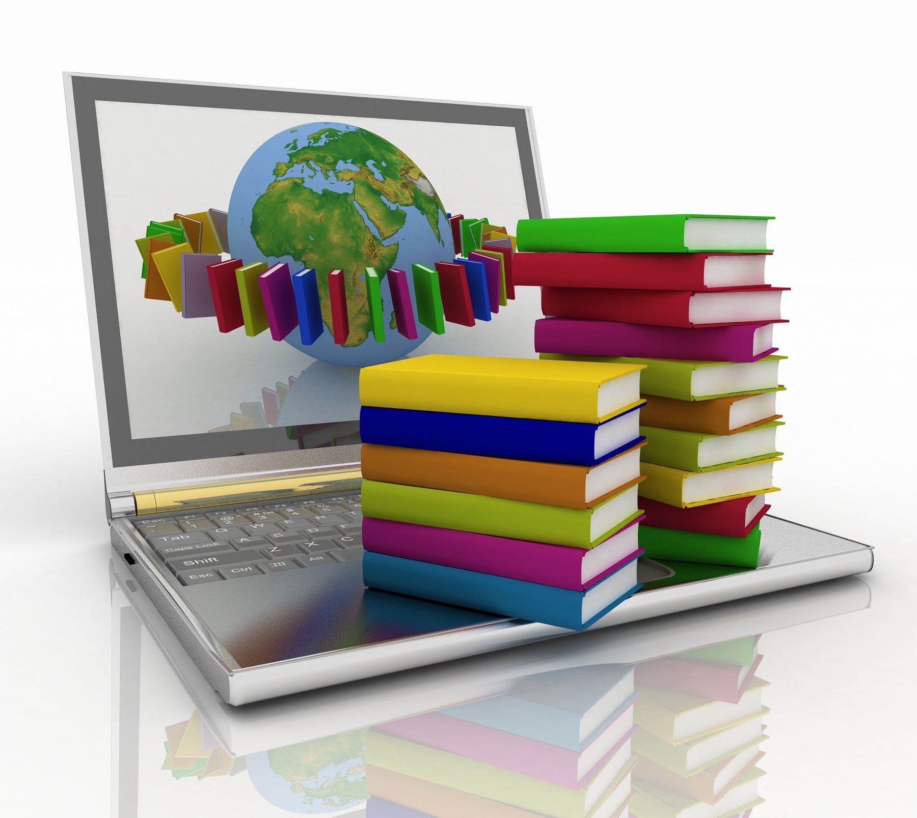 Stacks of books sitting on a spiral notebook, with a globe in the background