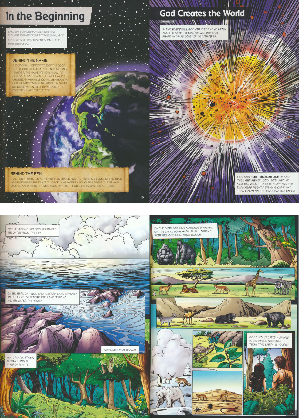Four book pages entitled "In the Beginning," from Bibleforce, The First Hero's Bible